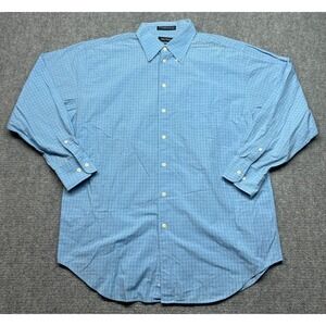 Nautica Dress Shirt Mens Size 17 34/35 Light Blue Check Compact Cotton Button Up